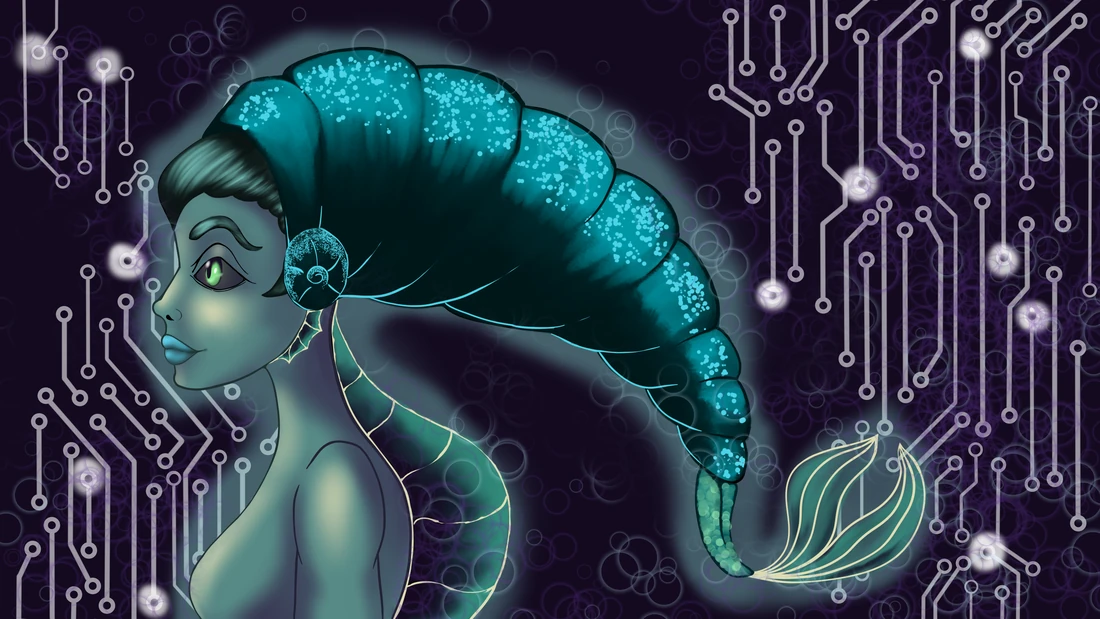 A turquoise-haired futuristic character surrounded by circuit patterns