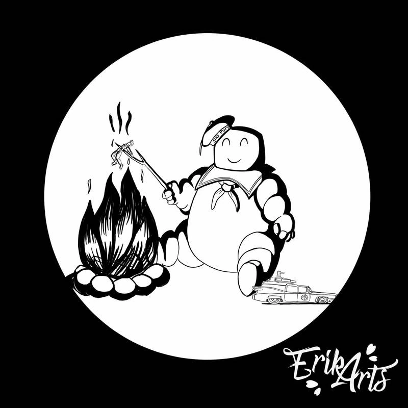 Cartoon character beside a campfire in a circular black and white composition