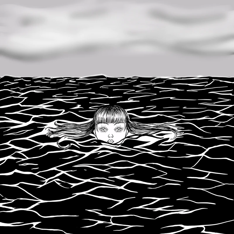 Black and white drawing of a character emerging from dark rolling water
