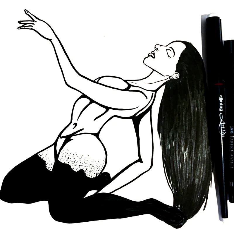 Expressive black and white drawing of a woman with long flowing hair