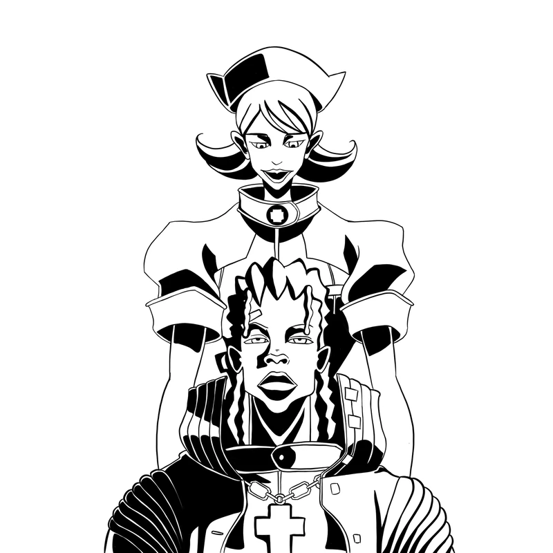Stylized character illustration with striped sleeves in black ink
