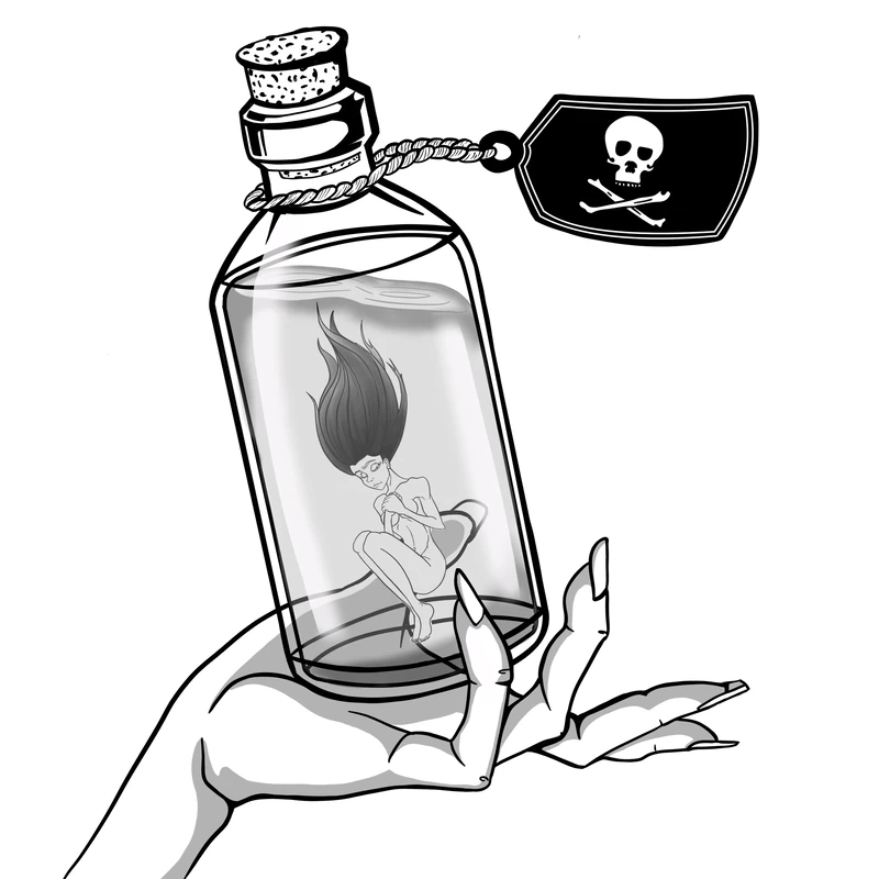 Black and white drawing of a tiny character inside a bottle held by a hand