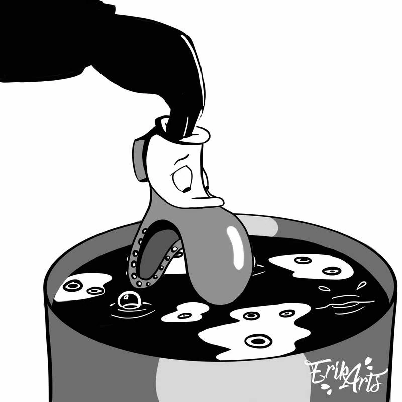 A cartoon character with a long nose emerging from a patterned circle