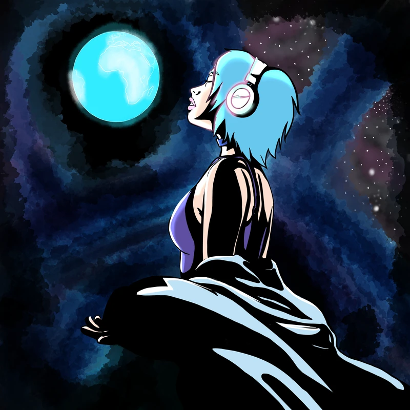 Nebula Dream: a blue-haired character gazing at a glowing moon