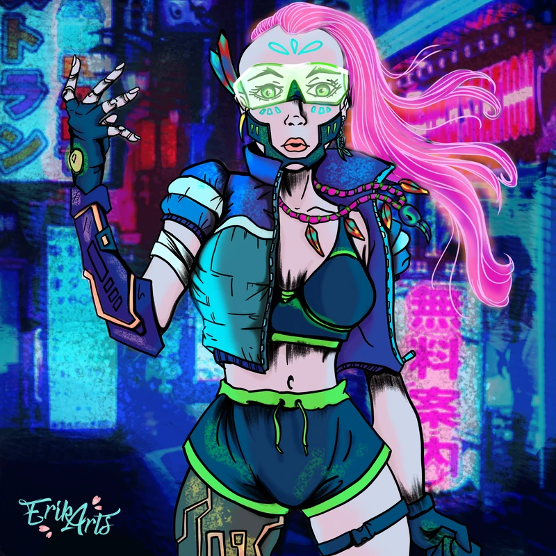 A pink-haired cyberpunk character with neon glasses against a vivid futuristic city